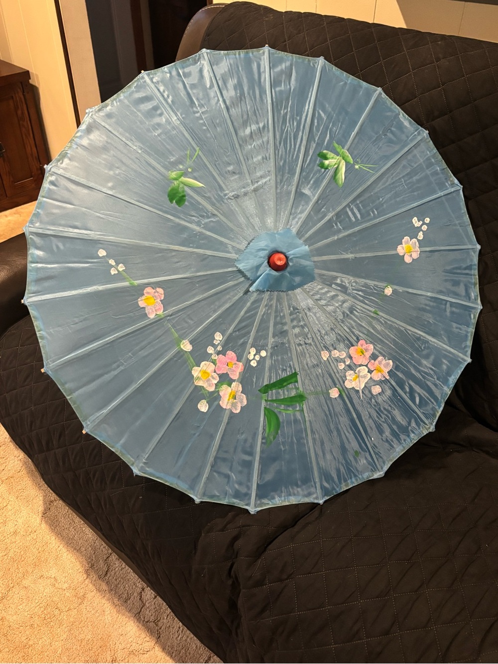 Light Blue Asian Floral Hand-Painted Paper Parasol